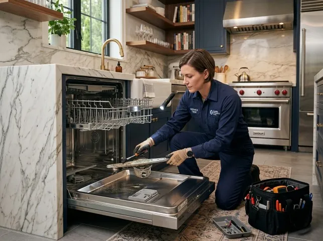 Appliance Repair Hero technician servicing a built-in dishwasher in a Athens, NY kitchen
