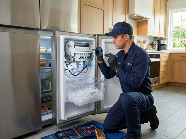 Appliance Repair Hero technician repairing a refrigerator ice maker in Athens, NY