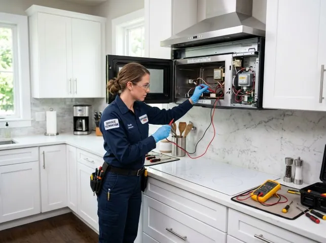Appliance Repair Hero technician testing an over-the-range microwave in a Athens, NY kitchen