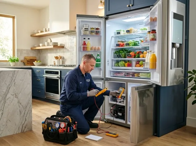 Appliance Repair Hero refrigerator technician testing a fridge on a Athens, NY service call